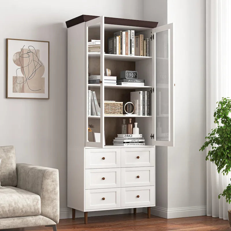 Pensile alto in MDF bianco con anta in vetro, ripiani regolabili, anta singola