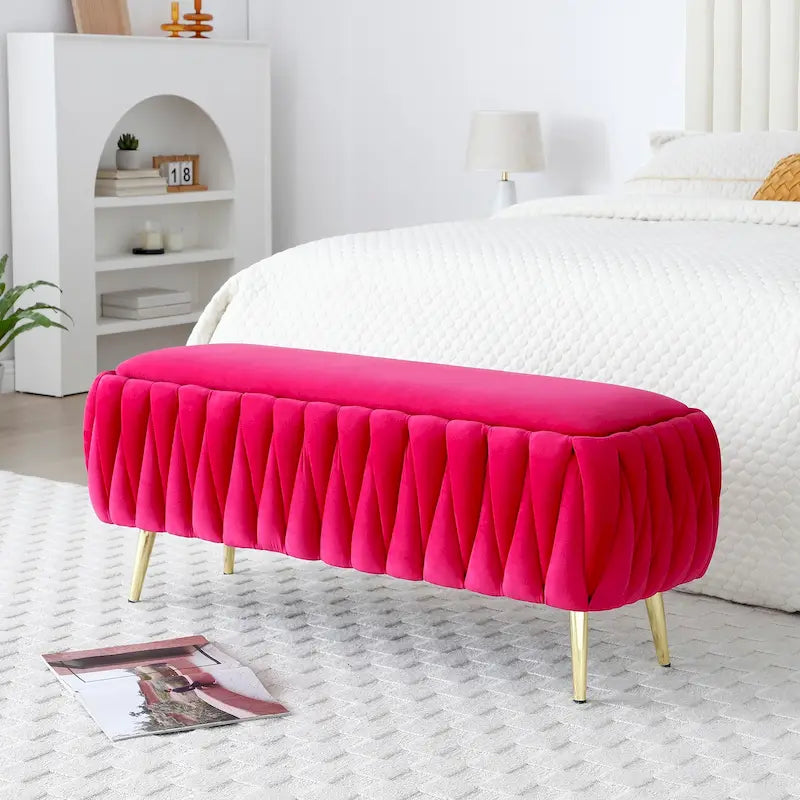 Panca ottomana ovale contenitore bicolore rosa rossa/verde oliva con gambe dorate, 2 posti