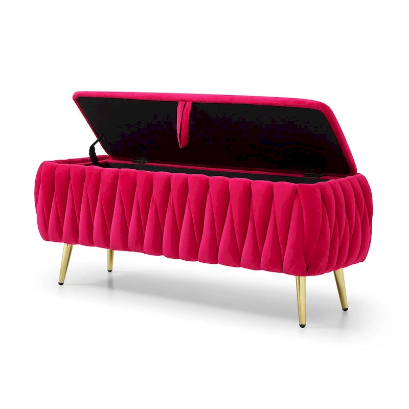 Panca ottomana ovale contenitore bicolore rosa rossa/verde oliva con gambe dorate, 2 posti