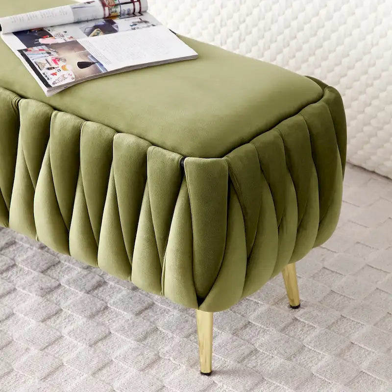 Panca ottomana ovale contenitore bicolore rosa rossa/verde oliva con gambe dorate, 2 posti