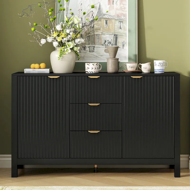 Credenza a Buffet da 47.2" con Ante, Design a Rilievo Ondulato, 3 Cassetti e Ripiani Regolabili, Ciano/Nero/Bianco, Montaggio da 1 Persona