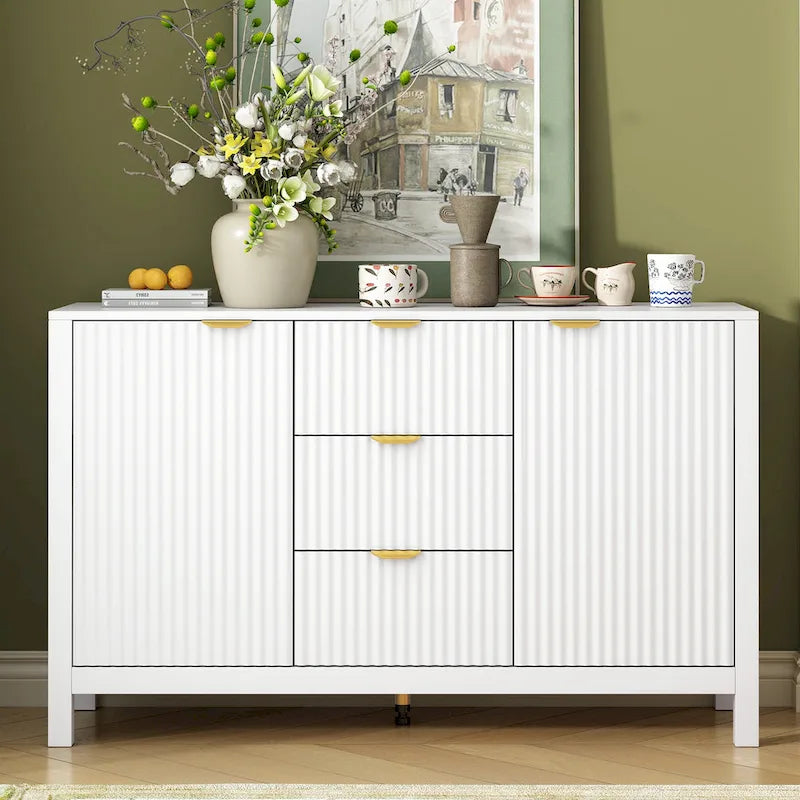 47.2 W Sideboard Buffet Cabinet with Wave Design - 3 Adjustable Shelves and 3 Drawers - N/A
