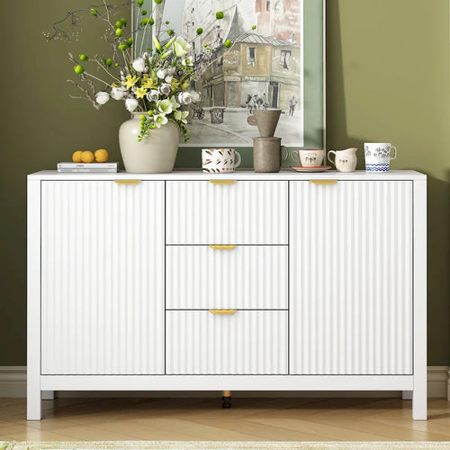 47.2 W Sideboard Buffet Cabinet with Wave Design - 3 Adjustable Shelves and 3 Drawers - N/A