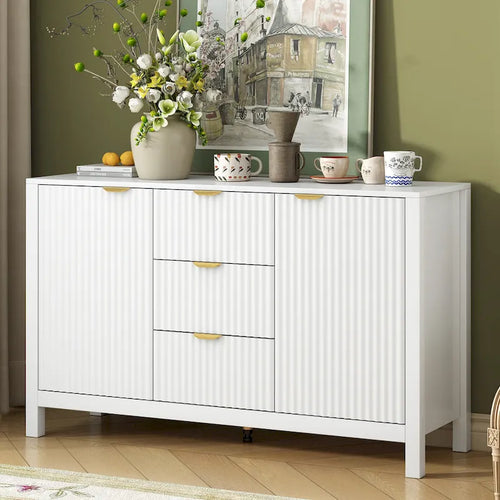 Credenza a Buffet da 47.2" con Ante, Design a Rilievo Ondulato, 3 Cassetti e Ripiani Regolabili, Ciano/Nero/Bianco, Montaggio da 1 Persona