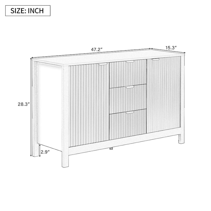 Credenza a Buffet da 47.2" con Ante, Design a Rilievo Ondulato, 3 Cassetti e Ripiani Regolabili, Ciano/Nero/Bianco, Montaggio da 1 Persona