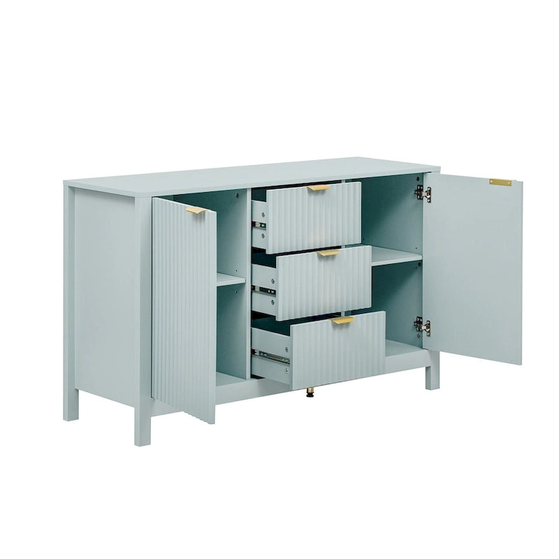 Credenza a Buffet da 47.2" con Ante, Design a Rilievo Ondulato, 3 Cassetti e Ripiani Regolabili, Ciano/Nero/Bianco, Montaggio da 1 Persona