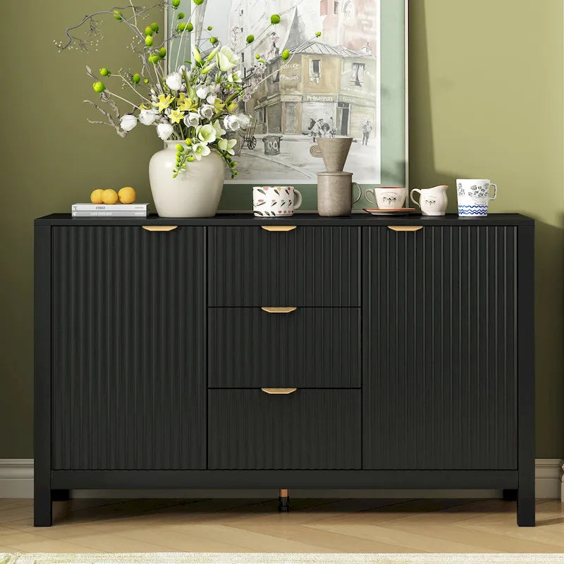 Credenza a Buffet da 47.2" con Ante, Design a Rilievo Ondulato, 3 Cassetti e Ripiani Regolabili, Ciano/Nero/Bianco, Montaggio da 1 Persona