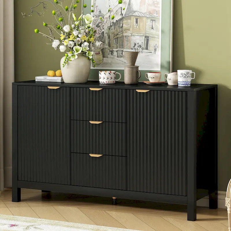 Credenza a Buffet da 47.2" con Ante, Design a Rilievo Ondulato, 3 Cassetti e Ripiani Regolabili, Ciano/Nero/Bianco, Montaggio da 1 Persona