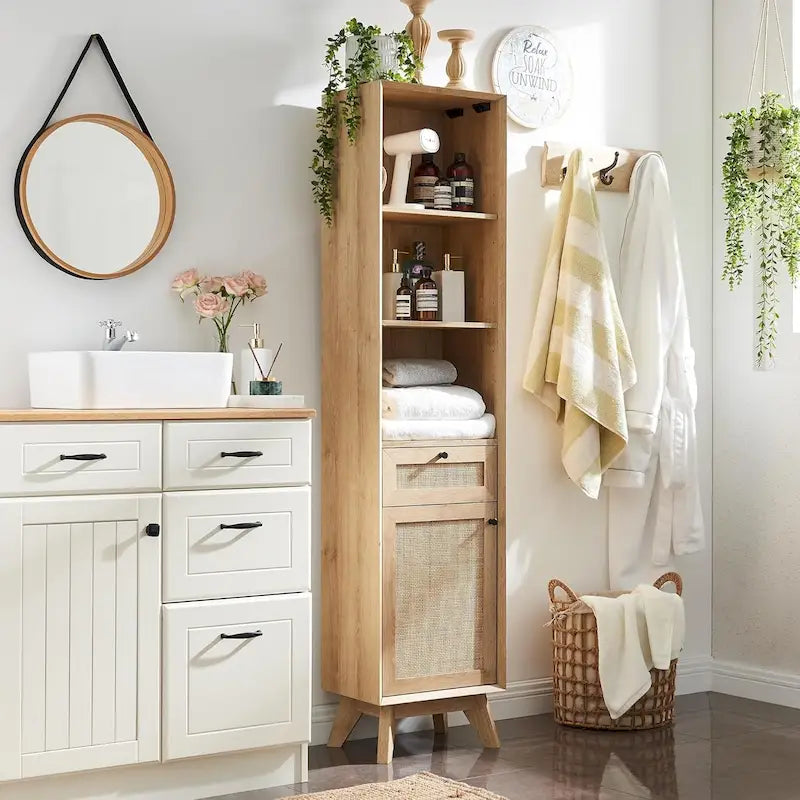 Armadio in lino in rovere naturale e rattan, stile mid-century, singolo