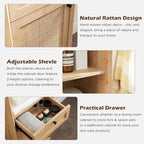 Armadio in lino in rovere naturale e rattan, stile mid-century, singolo