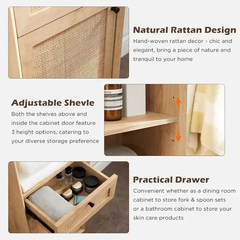 Armadio in lino in rovere naturale e rattan, stile mid-century, singolo