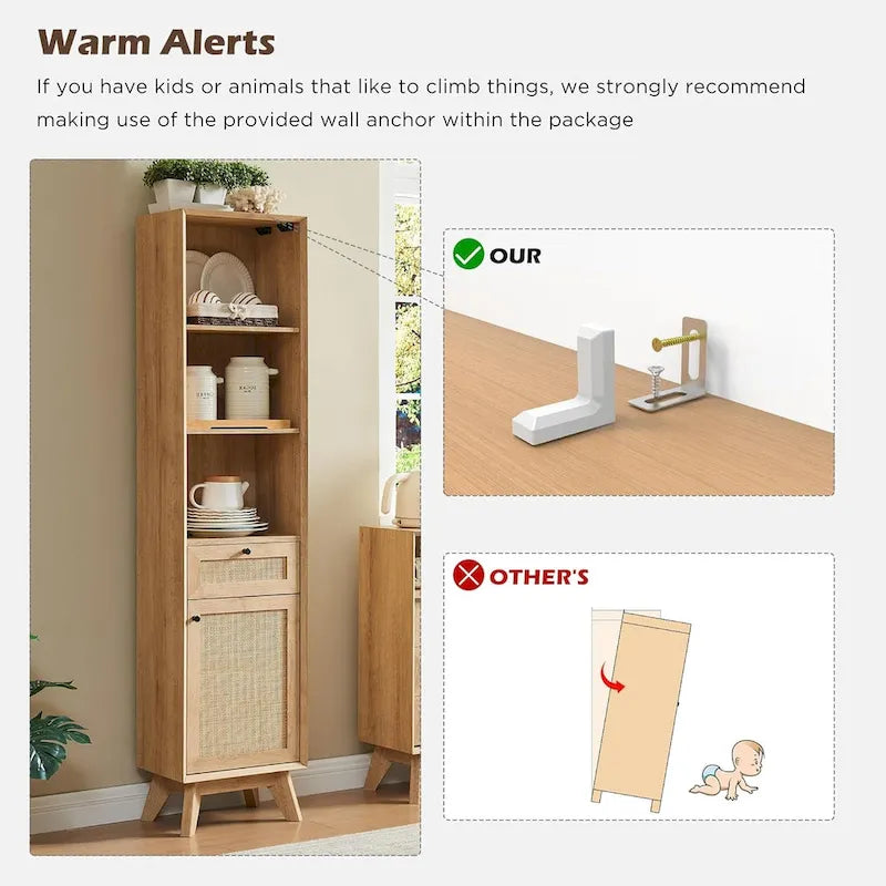 Armadio in lino in rovere naturale e rattan, stile mid-century, singolo