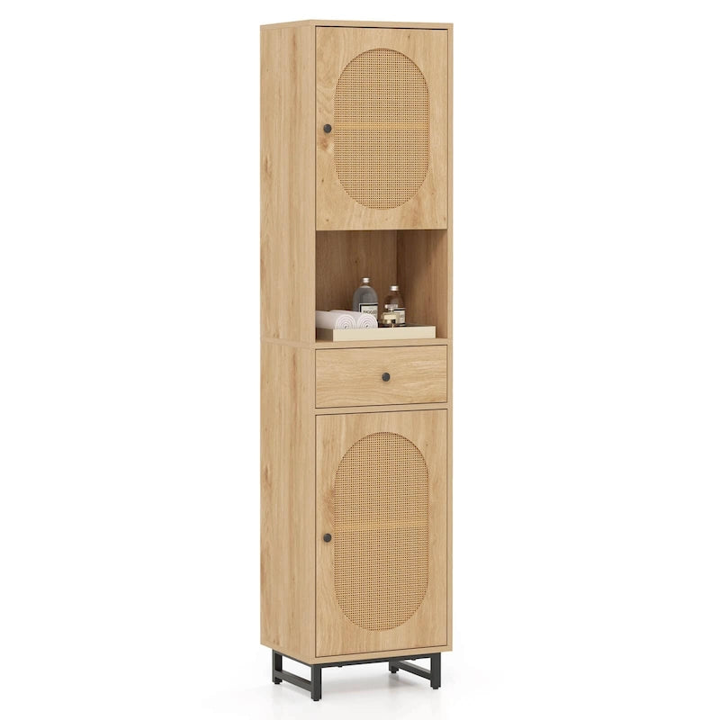 Mobiletto alto da bagno beige con 2 ante, cassetto e ripiano aperto – 1 persona