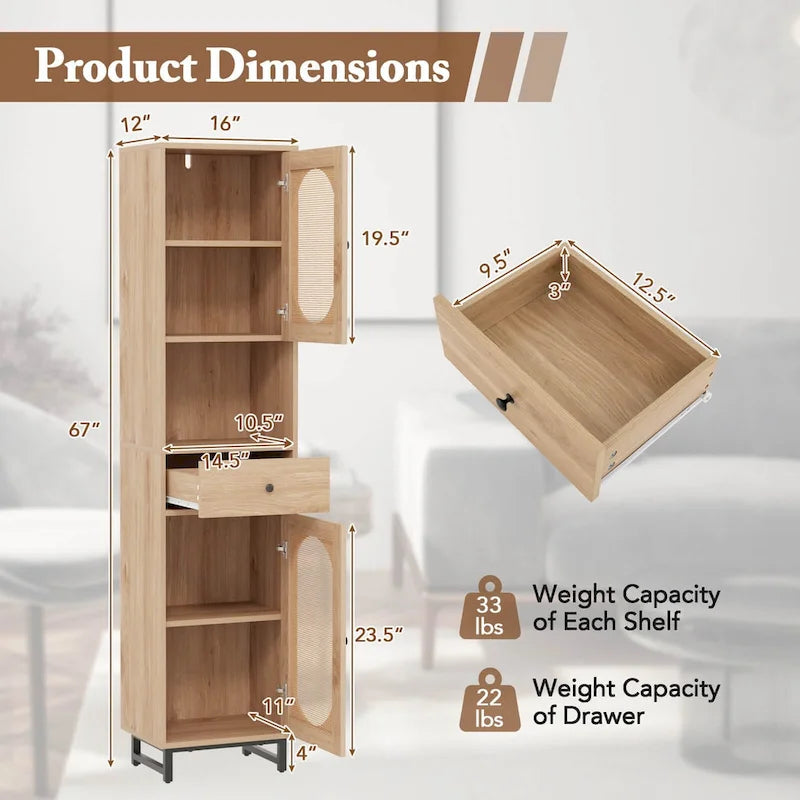 Mobiletto alto da bagno beige con 2 ante, cassetto e ripiano aperto – 1 persona