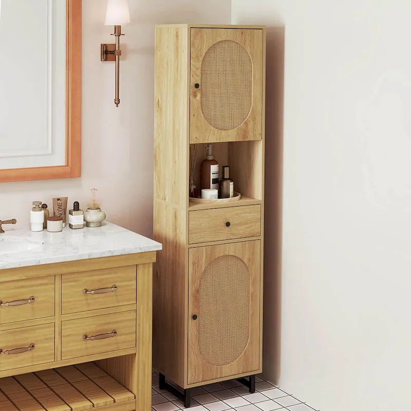 Mobiletto alto da bagno beige con 2 ante, cassetto e ripiano aperto – 1 persona