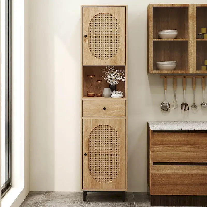 Mobiletto alto da bagno beige con 2 ante, cassetto e ripiano aperto – 1 persona