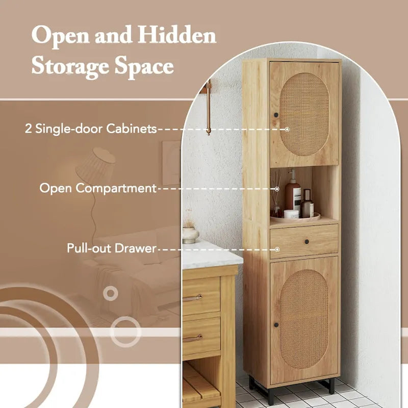 Mobiletto alto da bagno beige con 2 ante, cassetto e ripiano aperto – 1 persona