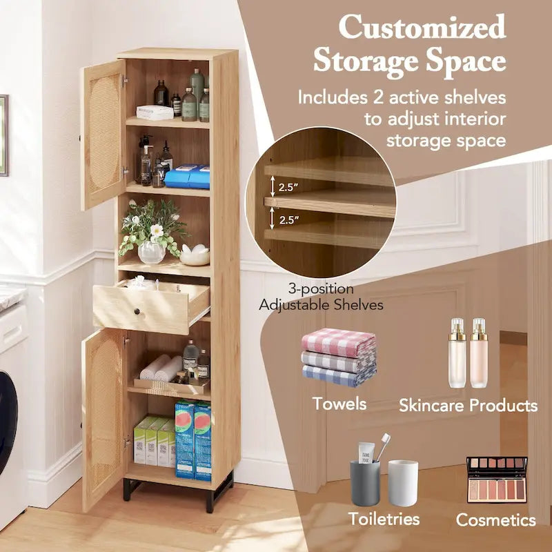 Mobiletto alto da bagno beige con 2 ante, cassetto e ripiano aperto – 1 persona