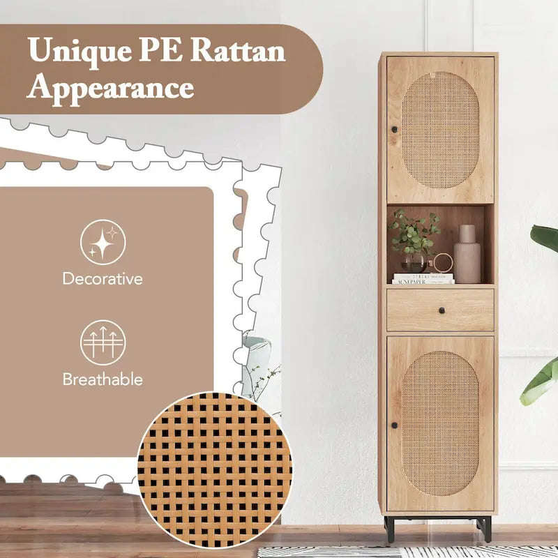 Mobiletto alto da bagno beige con 2 ante, cassetto e ripiano aperto – 1 persona