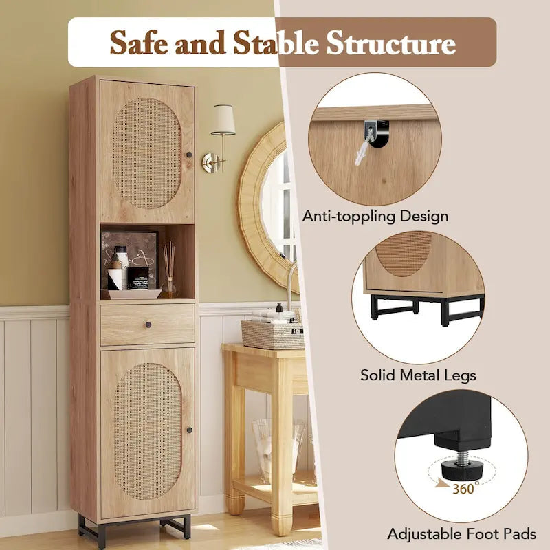 Mobiletto alto da bagno beige con 2 ante, cassetto e ripiano aperto – 1 persona