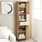 Mobiletto alto da bagno beige con 2 ante, cassetto e ripiano aperto – 1 persona