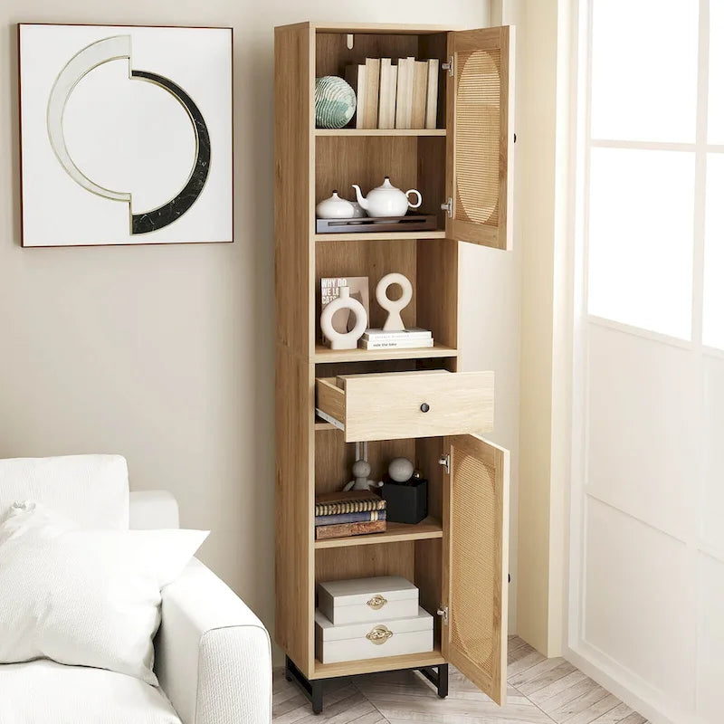 Mobiletto alto da bagno beige con 2 ante, cassetto e ripiano aperto – 1 persona