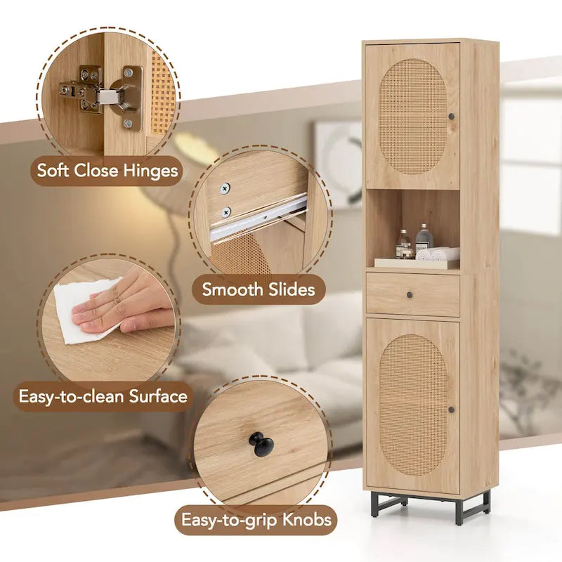 Mobiletto alto da bagno beige con 2 ante, cassetto e ripiano aperto – 1 persona