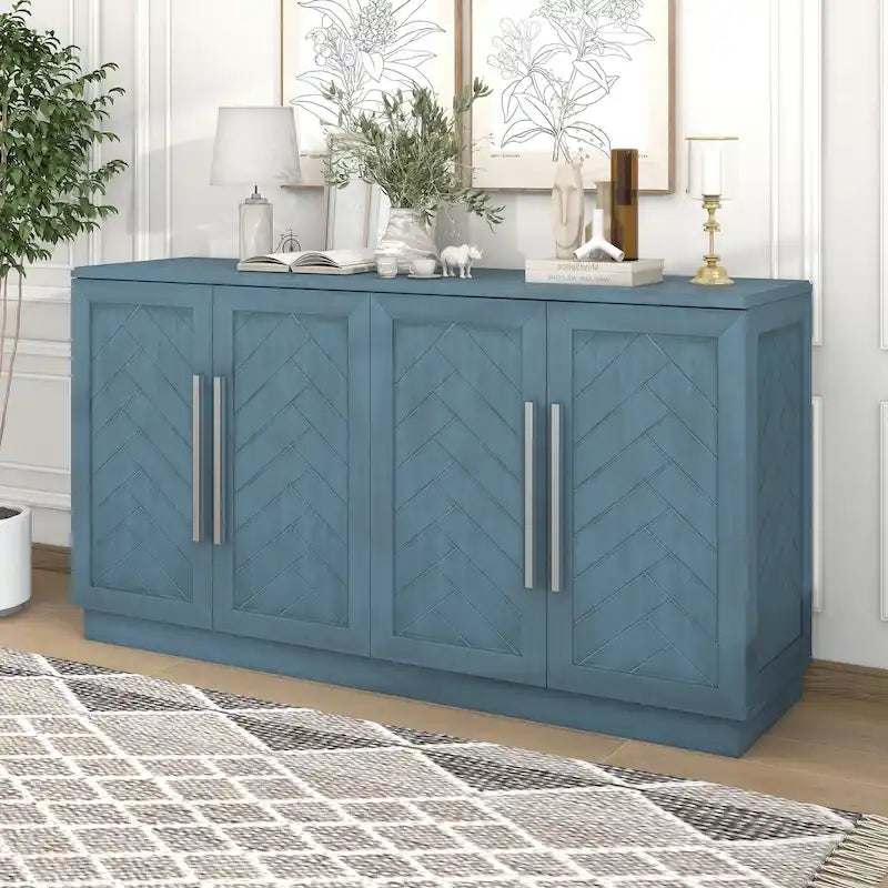 Credenza/Buffet a 3 ante blu/nero/bianco antico con ripiani regolabili e maniglie argentate