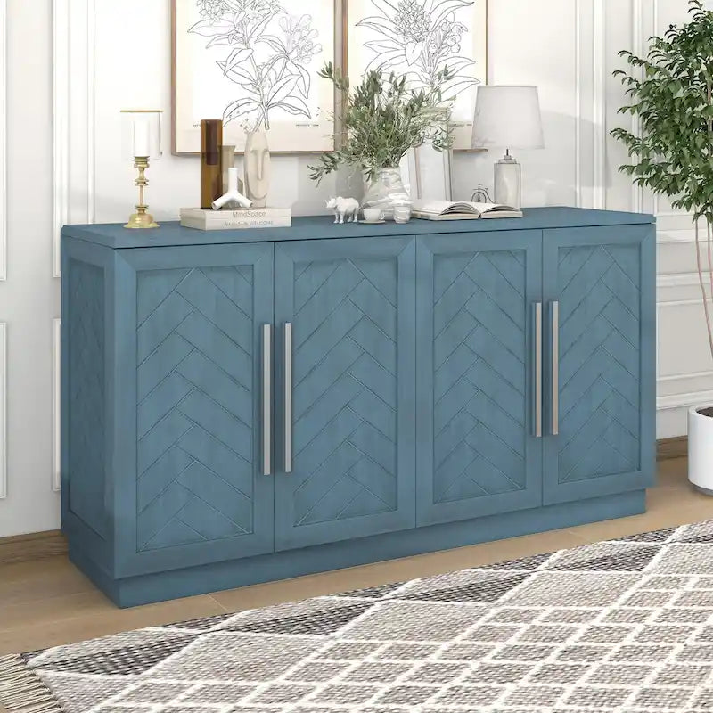 Credenza/Buffet a 3 ante blu/nero/bianco antico con ripiani regolabili e maniglie argentate