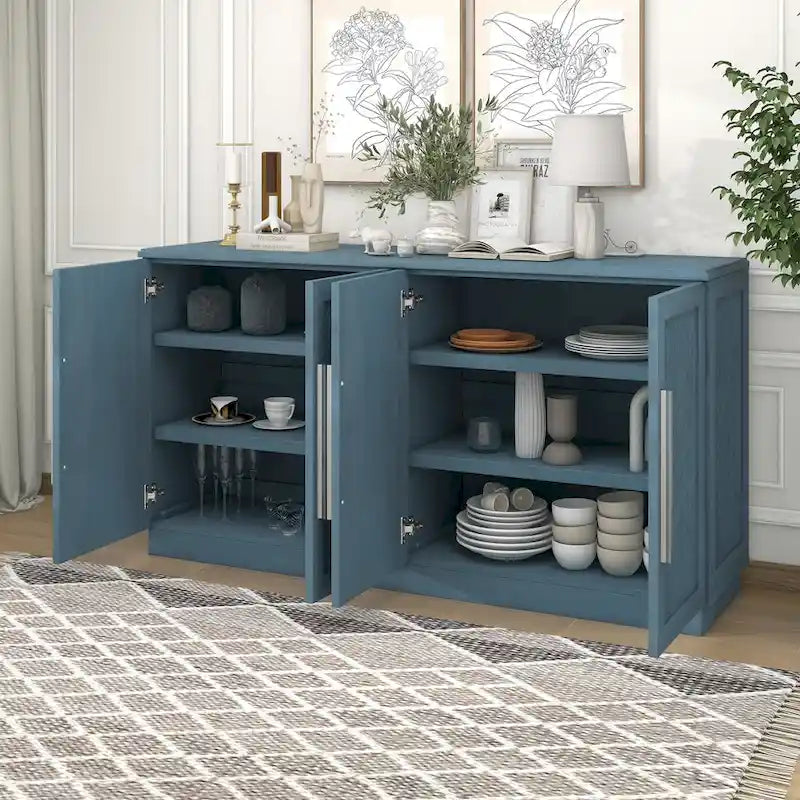 Credenza/Buffet a 3 ante blu/nero/bianco antico con ripiani regolabili e maniglie argentate