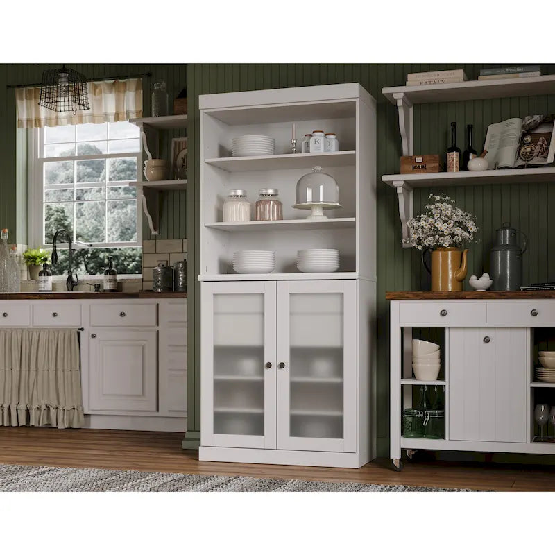 Dispensa in Legno Massello con Ante in Vetro Satinato e 2 Cassetti – 9 Colori, Unità Singola