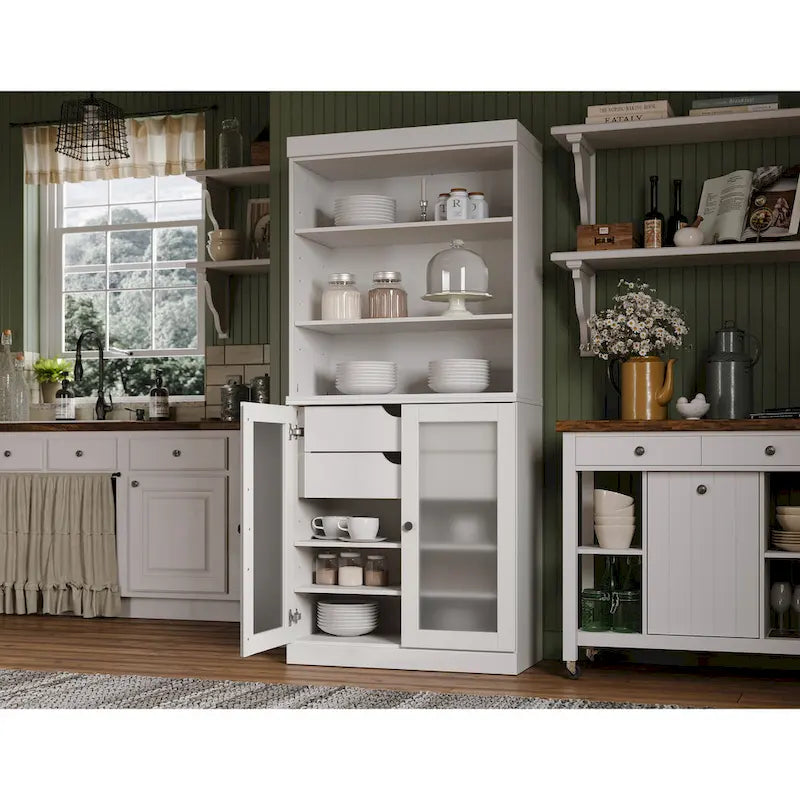 Palace Imports 100% Solid Wood Pantry Cabinet with Frosted Glass Doors, 2-Drawers and Adjustable Shelves - 32  x 71.5 