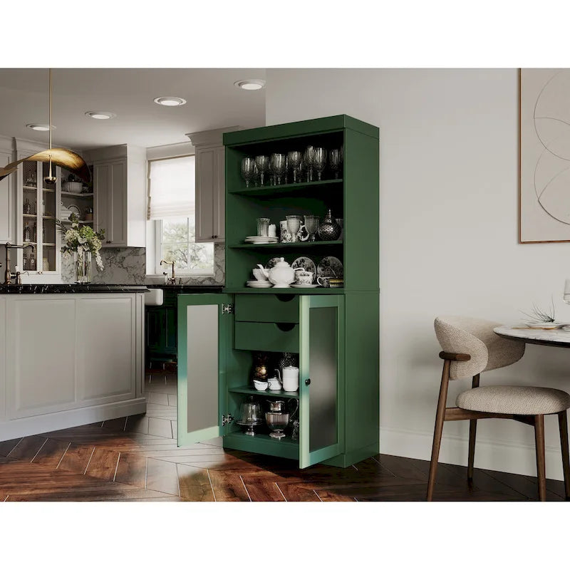 Dispensa in Legno Massello con Ante in Vetro Satinato e 2 Cassetti – 9 Colori, Unità Singola
