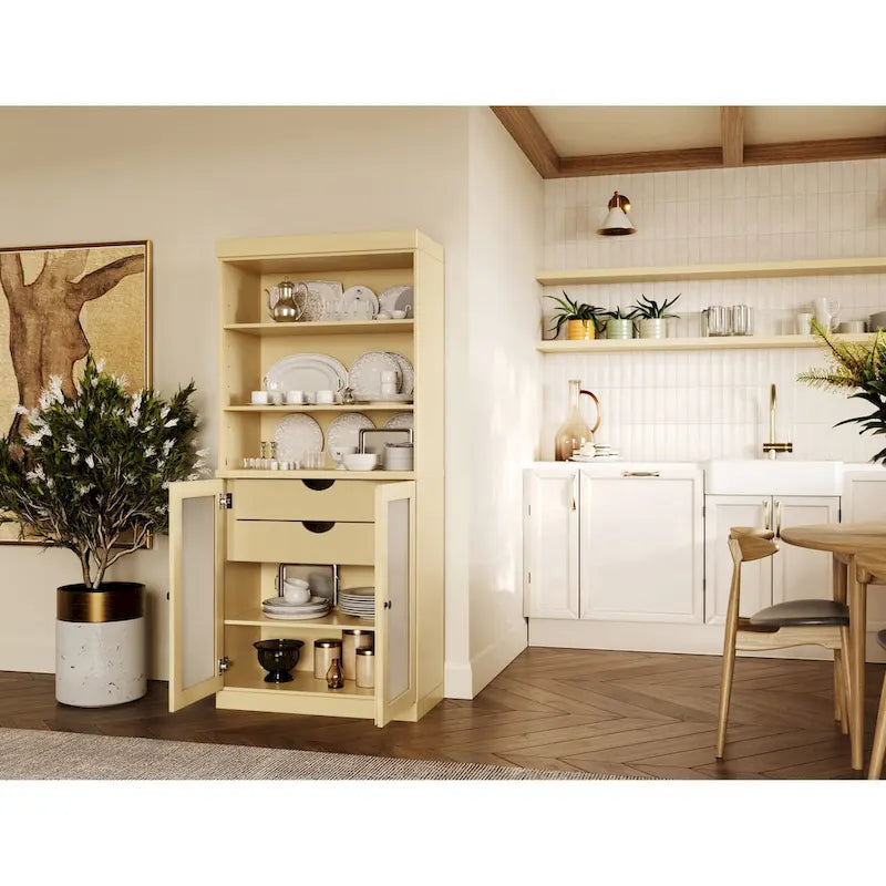Dispensa in Legno Massello con Ante in Vetro Satinato e 2 Cassetti – 9 Colori, Unità Singola