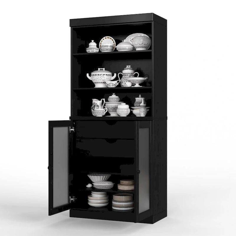 Dispensa in Legno Massello con Ante in Vetro Satinato e 2 Cassetti – 9 Colori, Unità Singola