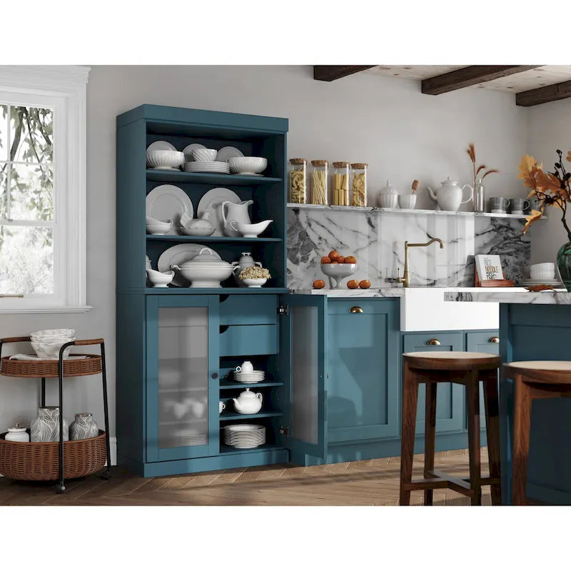 Dispensa in Legno Massello con Ante in Vetro Satinato e 2 Cassetti – 9 Colori, Unità Singola