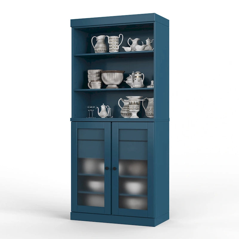 Dispensa in Legno Massello con Ante in Vetro Satinato e 2 Cassetti – 9 Colori, Unità Singola