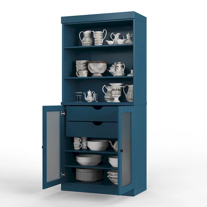 Dispensa in Legno Massello con Ante in Vetro Satinato e 2 Cassetti – 9 Colori, Unità Singola
