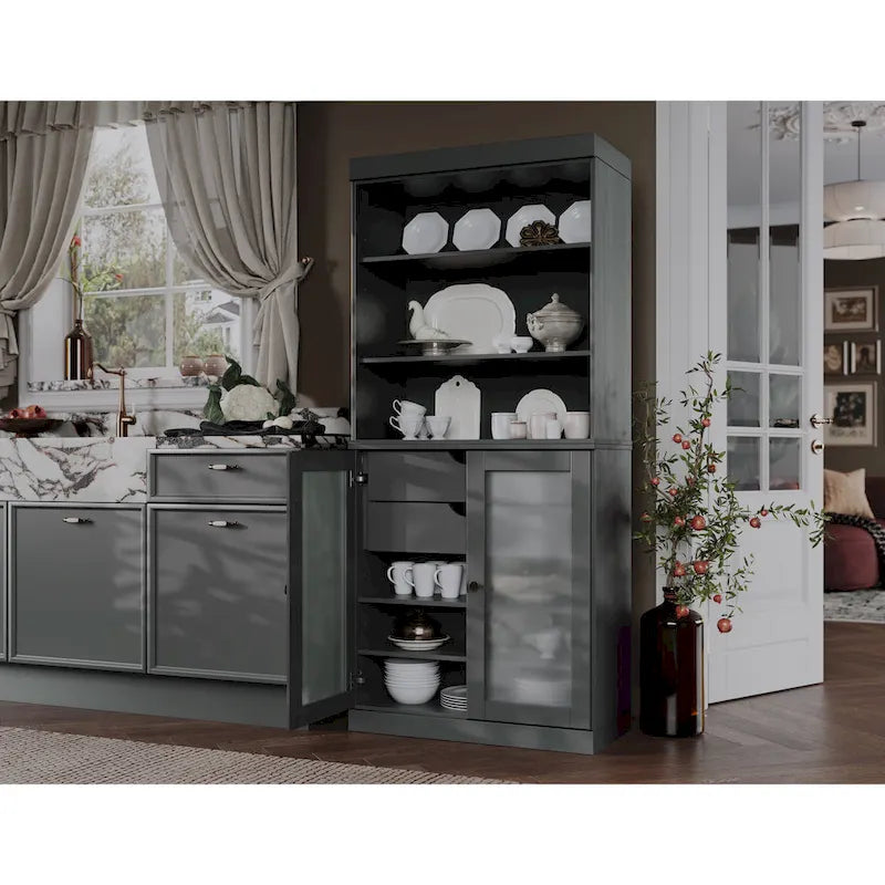 Dispensa in Legno Massello con Ante in Vetro Satinato e 2 Cassetti – 9 Colori, Unità Singola