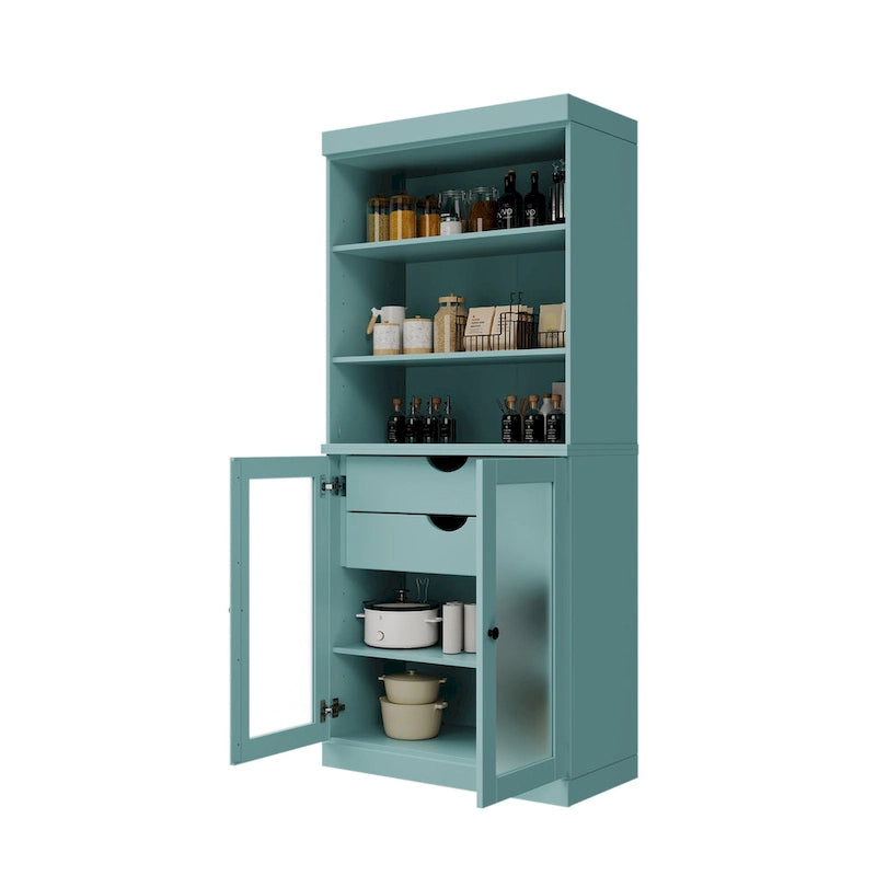 Dispensa in Legno Massello con Ante in Vetro Satinato e 2 Cassetti – 9 Colori, Unità Singola