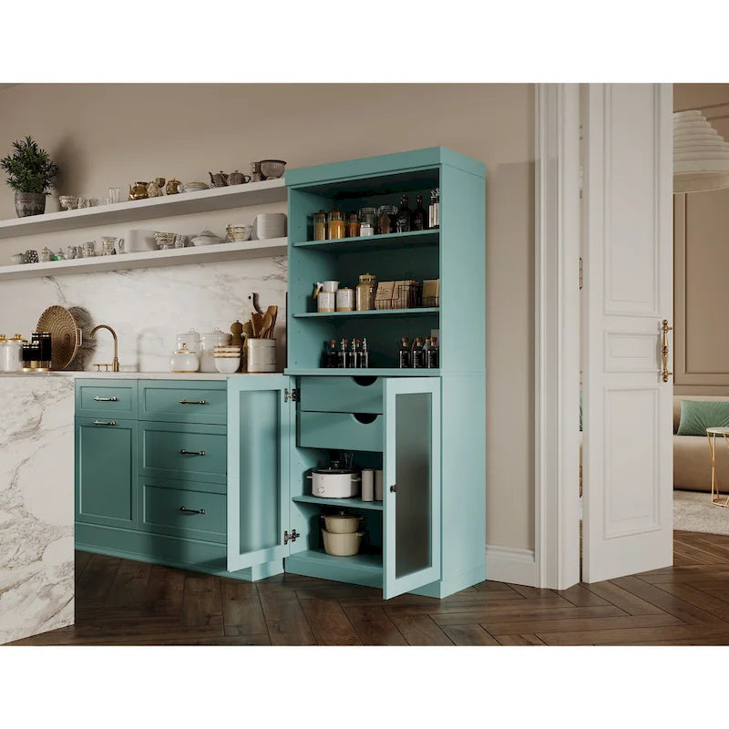 Dispensa in Legno Massello con Ante in Vetro Satinato e 2 Cassetti – 9 Colori, Unità Singola