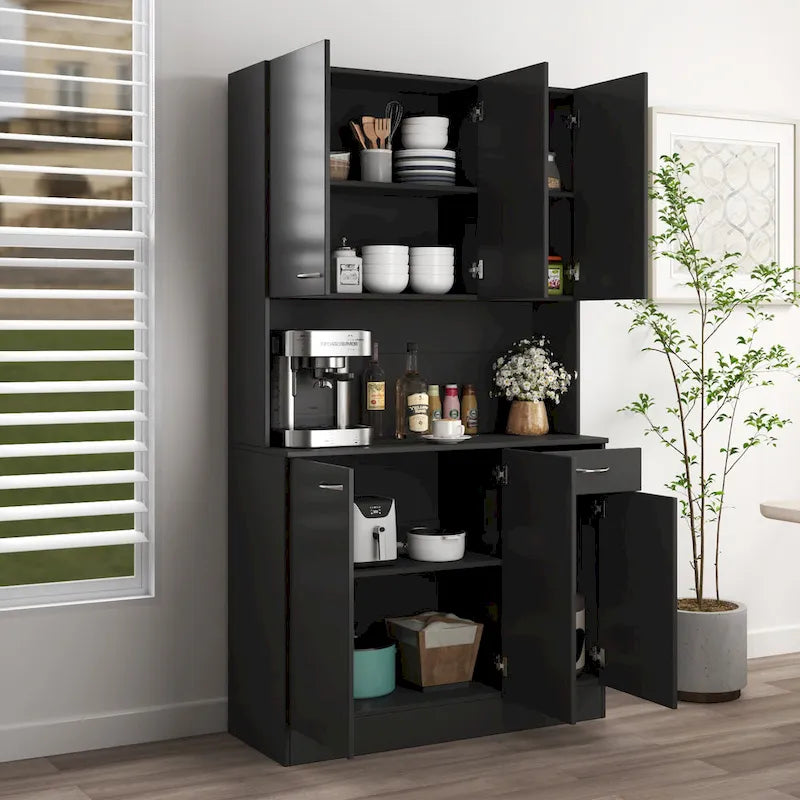 Armadio Alto a 6 Ante con Cassetto e Ripiano Aperto, nei colori Bianco/Rovere/Noce/Nero, Montaggio da 1 Persona