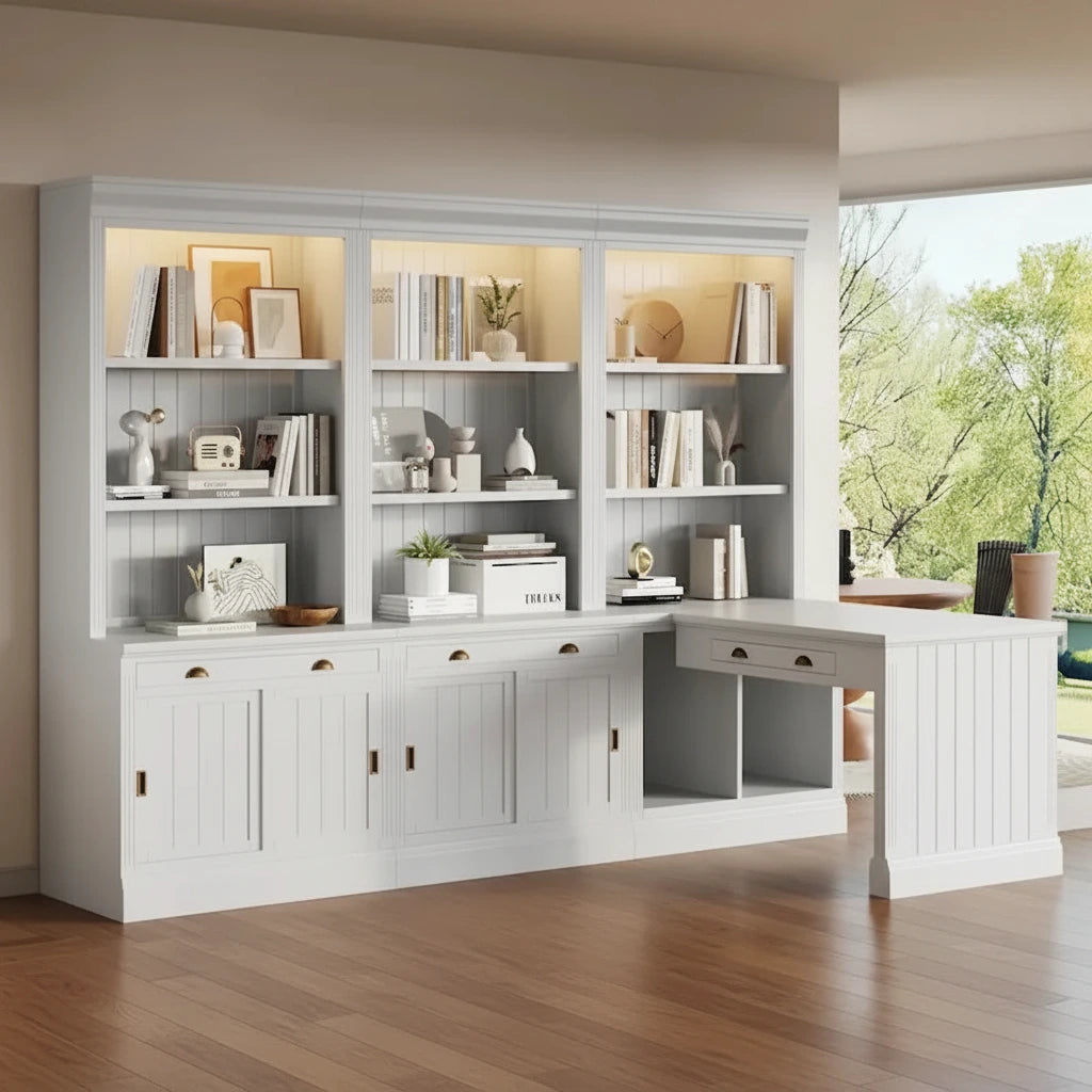 Set di libreria e scrivania da 3 pezzi bianco moderno, per 3-4 persone da assemblare