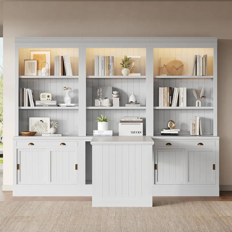 Set di libreria e scrivania da 3 pezzi bianco moderno, per 3-4 persone da assemblare