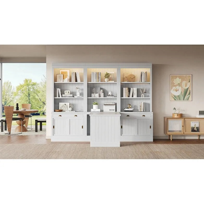 Set di libreria e scrivania da 3 pezzi bianco moderno, per 3-4 persone da assemblare