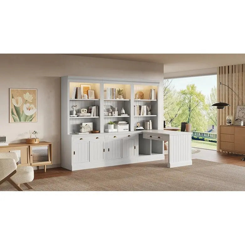 Set di libreria e scrivania da 3 pezzi bianco moderno, per 3-4 persone da assemblare