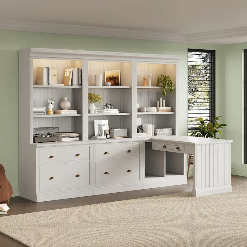 Set di libreria e scrivania da 3 pezzi bianco moderno, per 3-4 persone da assemblare