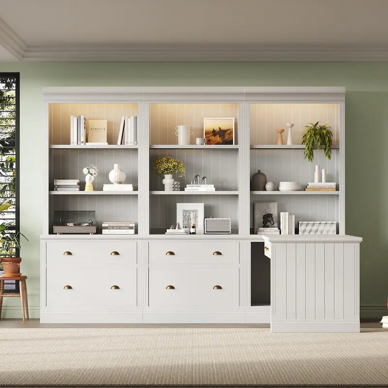 Set di libreria e scrivania da 3 pezzi bianco moderno, per 3-4 persone da assemblare