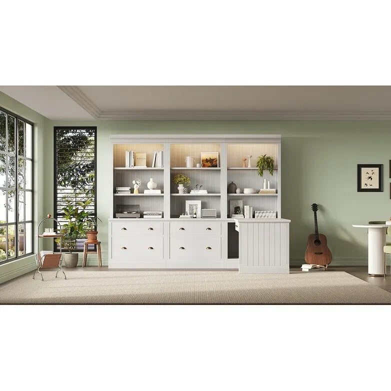 Set di libreria e scrivania da 3 pezzi bianco moderno, per 3-4 persone da assemblare