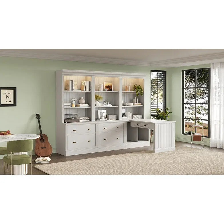 Set di libreria e scrivania da 3 pezzi bianco moderno, per 3-4 persone da assemblare